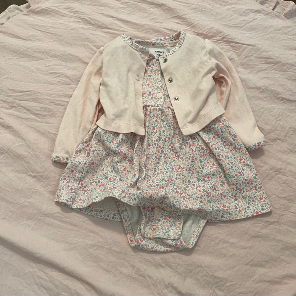 Carter’s Baby Girl Pink Ditsy Floral Cotton Onesie Dress & Cardigan Set 12 Month